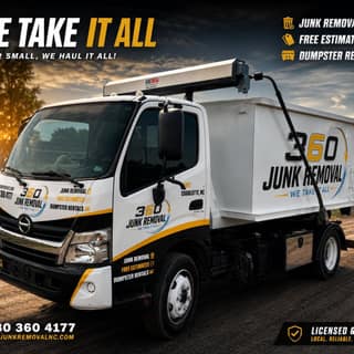 360 Junk Removal flyer: “We take it all” with the crew’s dump truck at sunset