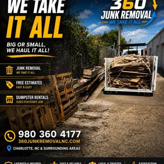 360 Junk Removal flyer: a dumpster box loaded with wood debris beside a job site