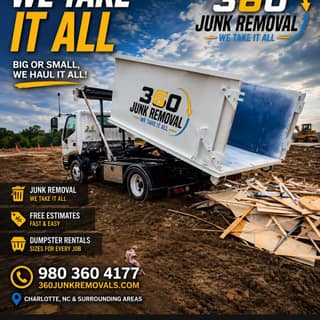 360 Junk Removal flyer: the roll-off box on the truck over a pile of demolition debris